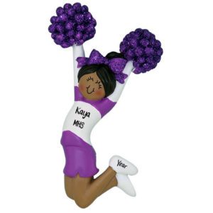 Image of African American PURPLE Cheerleader Glittered Pom Poms Personalized Ornament