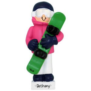 Image of Personalized FEMALE Snowboarder Wearing PINK Jacket Ornament