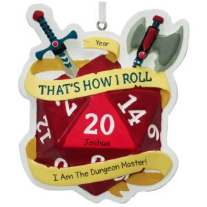 Image of Dungeons And Dragons 20-Sided Dice And Weapons Personalized Ornament