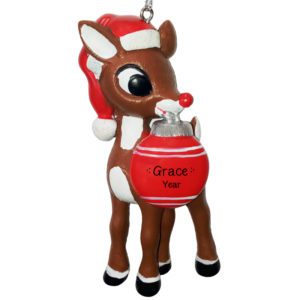 Image of Personalized Rudolf The Red Nosed Reindeer Holding Christmas Ball Ornament