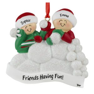 Image of Personalized Two Friends Having Snowball Fight Glittered Ornament