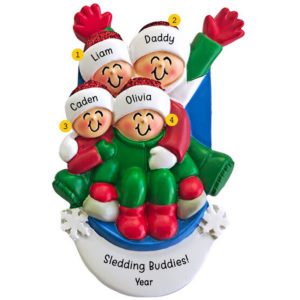 Image of Personalized Parent And 3 Kids Sledding Together And Having Fun Ornament