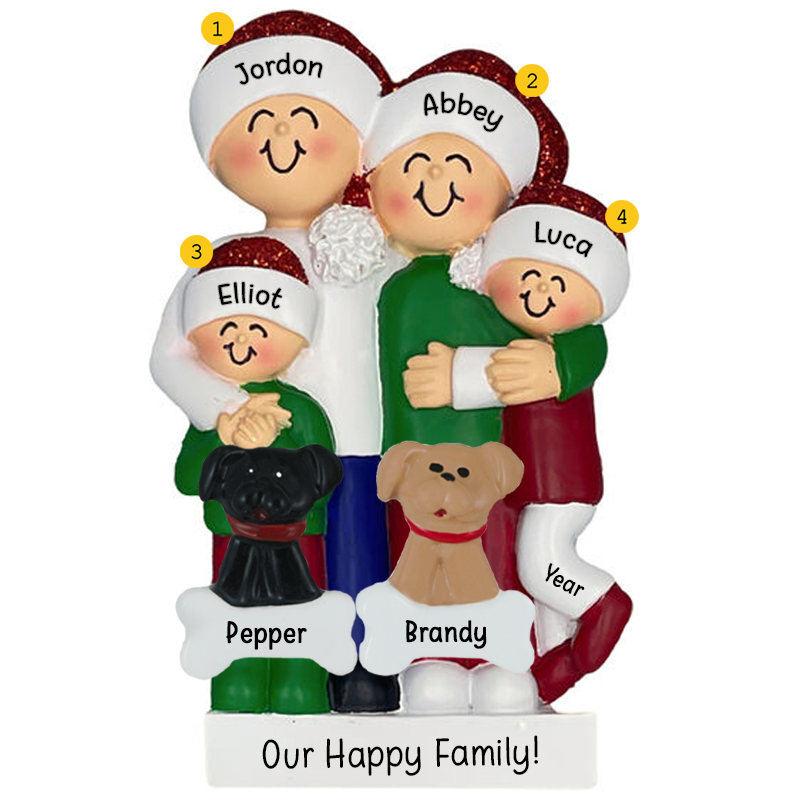 Personalized Hugging Family Of Four With 2 Pets Glittered Ornament ...