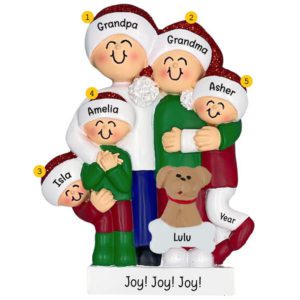 Image of Grandparents And 3 Grandkids Hugging With Pet Ornament