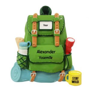 Image of Personalized GREEN Backpack With Camping Gear Ornament