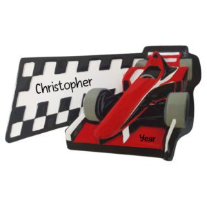 Image of Personalized RED Racing Car With Checkered Flag Ornament