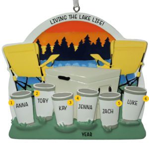 Image of Personalized Family Of Six At Lake Sunset And Chairs Ornament