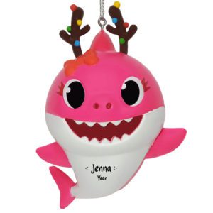 Image of Personalized Mommy Shark Wearing Reindeer Antlers 3-D Ornament PINK