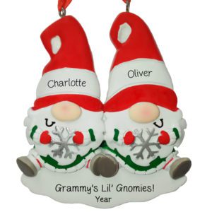 Image of Personalized Two Grandkid Gnomes Holding Snowflakes Ornament