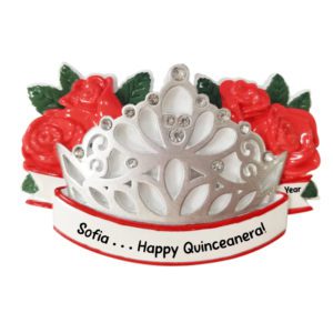 Image of Personalized Happy Quinceañera Crown With Roses And Gems Ornament