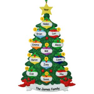 Image of Personalized Green GLITTERED Tree With 12 Colorful Decorations Ornament