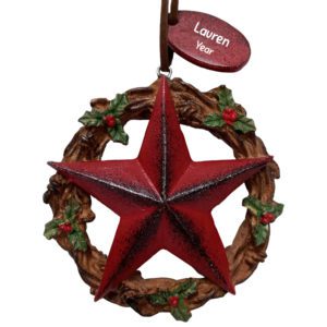 Image of Personalized Rustic Red Star In Barbwire Wreath Ornament