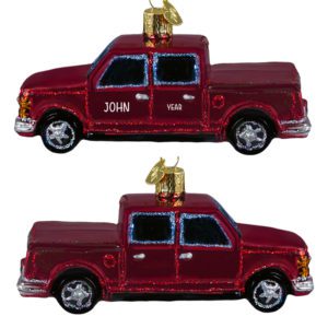 Image of Personalized Red Pick-Up Truck Glittered Glass 3-D Ornament