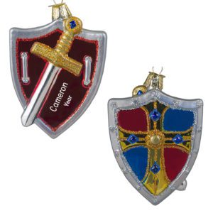Image of Personalized Knight's Shield With Sword Glittered Glass Ornament