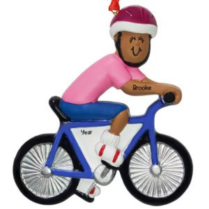 Image of Personalized FEMALE Riding on Blue Bike Ornament AFRICAN AMERICAN