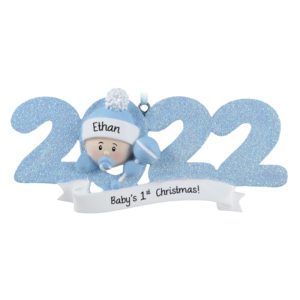 Image of 2022 Baby BOY'S 1st Christmas Personalized Glittered Ornament BLUE