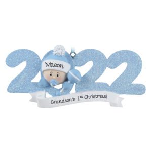 Image of 2022 GRANDSON'S 1st Christmas Personalized Glittered Ornament BLUE