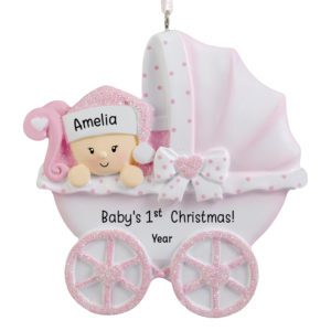 Image of Baby GIRL'S 1st Christmas Polka Dotted Carriage Glittered Ornament PINK