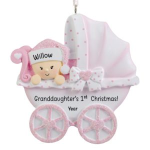 Image of Granddaughter's 1st Christmas Polka Dotted Carriage Glittered Ornament PINK