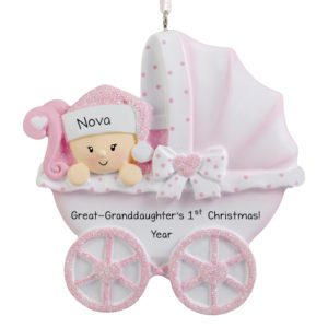 Image of Great-Granddaughter's 1st Christmas Polka Dotted Carriage Glittered Ornament PINK