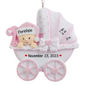 Image of Baby GIRL With Birth Stats Polka Dotted Carriage Glittered Ornament PINK