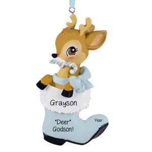Image of Personalized BOY Deer GODSON In BLUE Boot Ornament