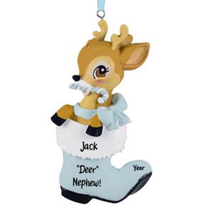 Image of Personalized BOY Deer NEPHEW In BLUE Boot Ornament