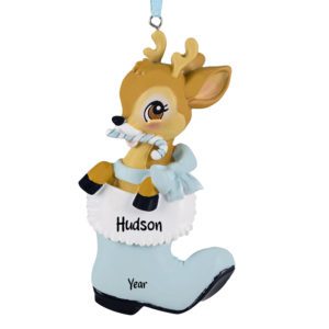Image of Personalized Little BOY Deer In BLUE Boot Ornament