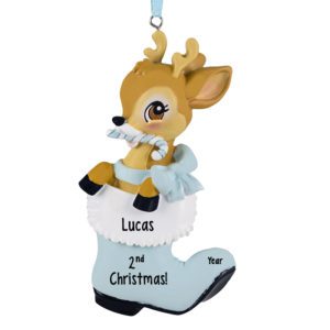 Image of Personalized Baby BOY Deer In BLUE Boot 2nd Christmas Ornament