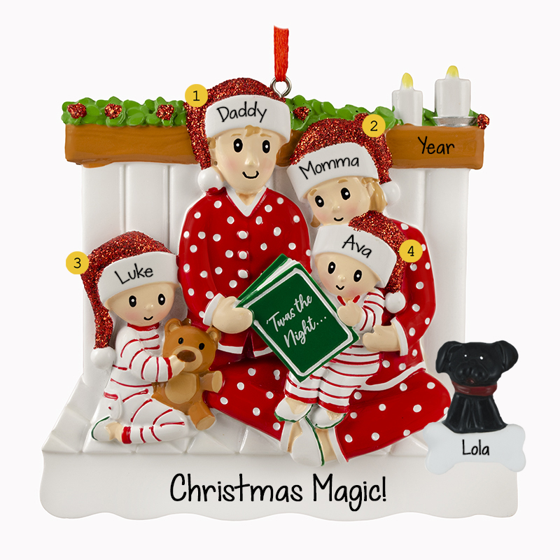 Family Of 4 Reading In Bed With Pet Glittered Caps Ornament ...