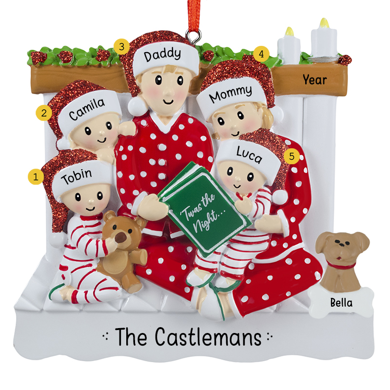 Family Of 5 Reading Book On Bed With Pet Christmas Mantle Ornament ...