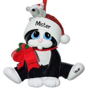 Image of Personalized BLACK Cat With Glittered Hat And Mouse Ornament