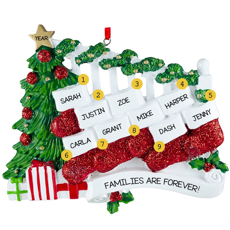 Family Of 9 Glittered Stockings On Bannister Ornament
