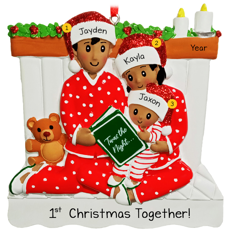1st Christmas Together Family Of 3 Reading In Bed Ornament AFRICAN ...