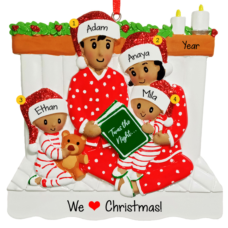 Family Of 4 Reading Book On Bed Wearing Glittered Caps Ornament AFRICAN ...