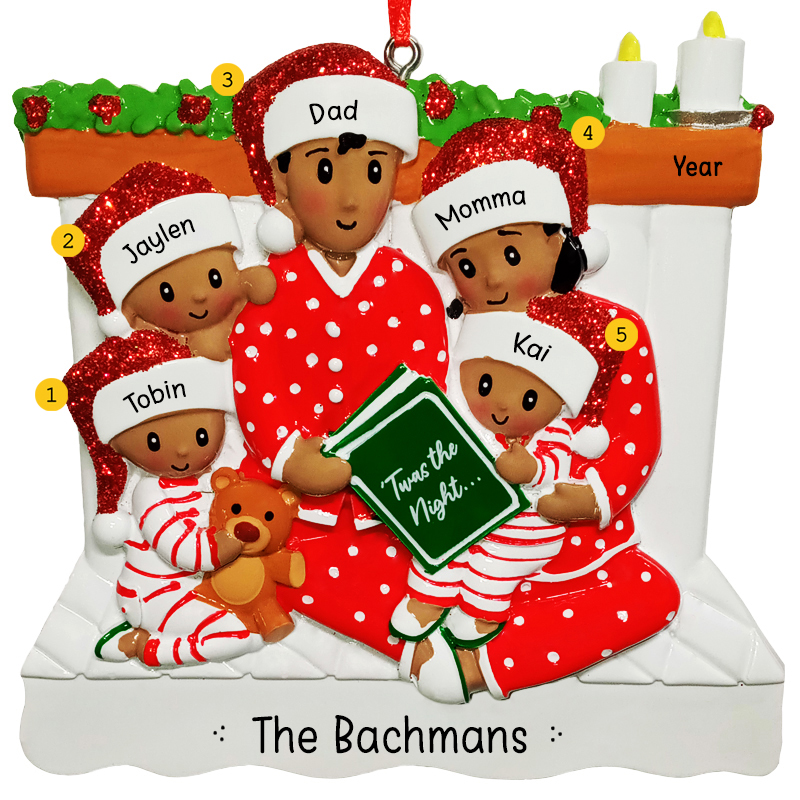 Personalized Family Of 5 Reading Book Together In Bed Ornament AFRICAN ...