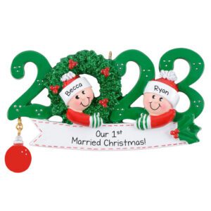 Image of Personalized 2023 Couple 1st Married Christmas GREEN Wreath Ornament