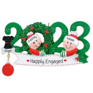 Image of Personalized 2023 Engaged Couple And Pet Glittered Green Wreath Ornament