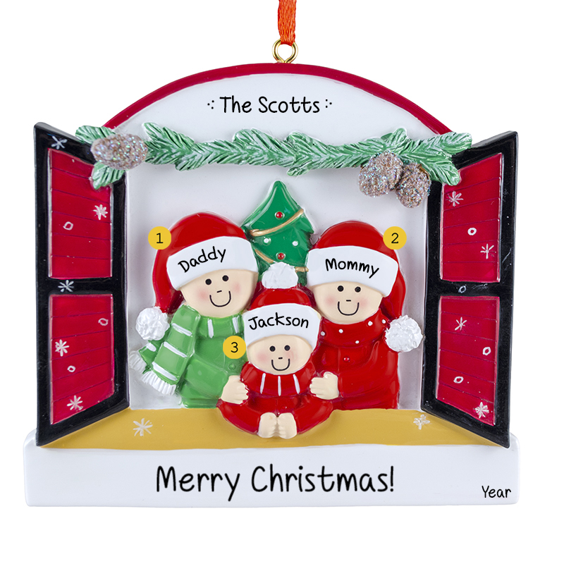 Personalized Family Of 3 Peeking Out Of Festive Window Ornament ...