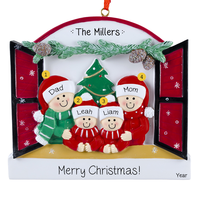 Personalized Family Of 4 Peeking Out Of Festive Window Ornament ...
