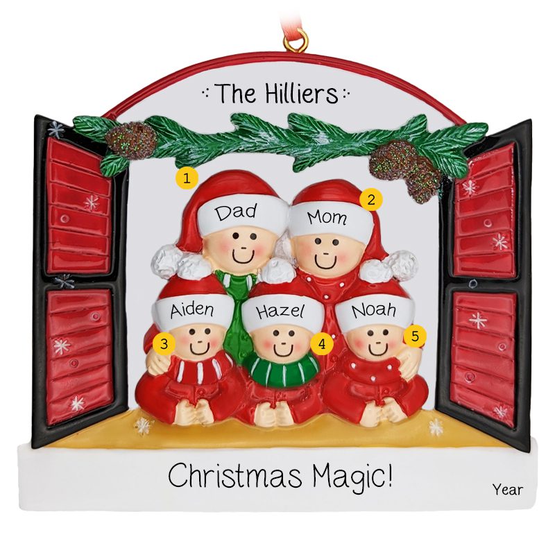 Personalized Family Of 5 Peeking Out Of Festive Window Ornament ...