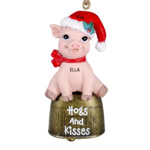 Personalized Pink Pig Wearing Santa Cap REAL BELL Ornament