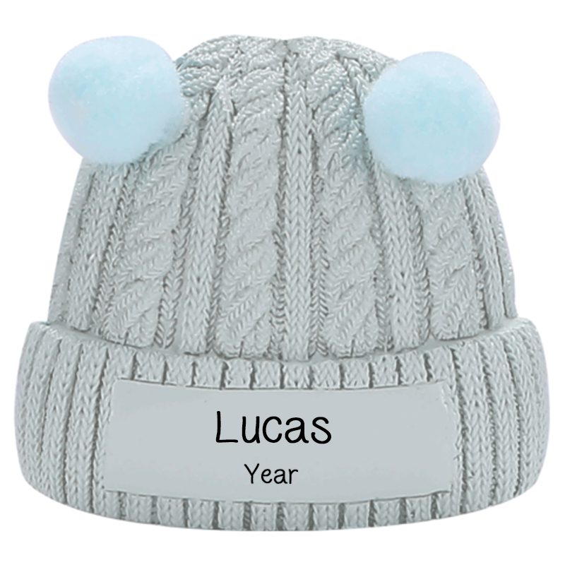 Personalized Baby BOY Hat Real Pom Poms Ornament BLUE - Personalized ...