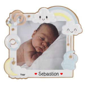 Personalized Baby BOY Picture Frame With Rainbow Ornament BLUE