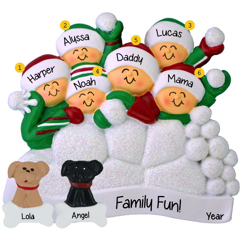 Family Of 6 With 2 Pets Snowball Fight Glittered Personalized Ornament ...