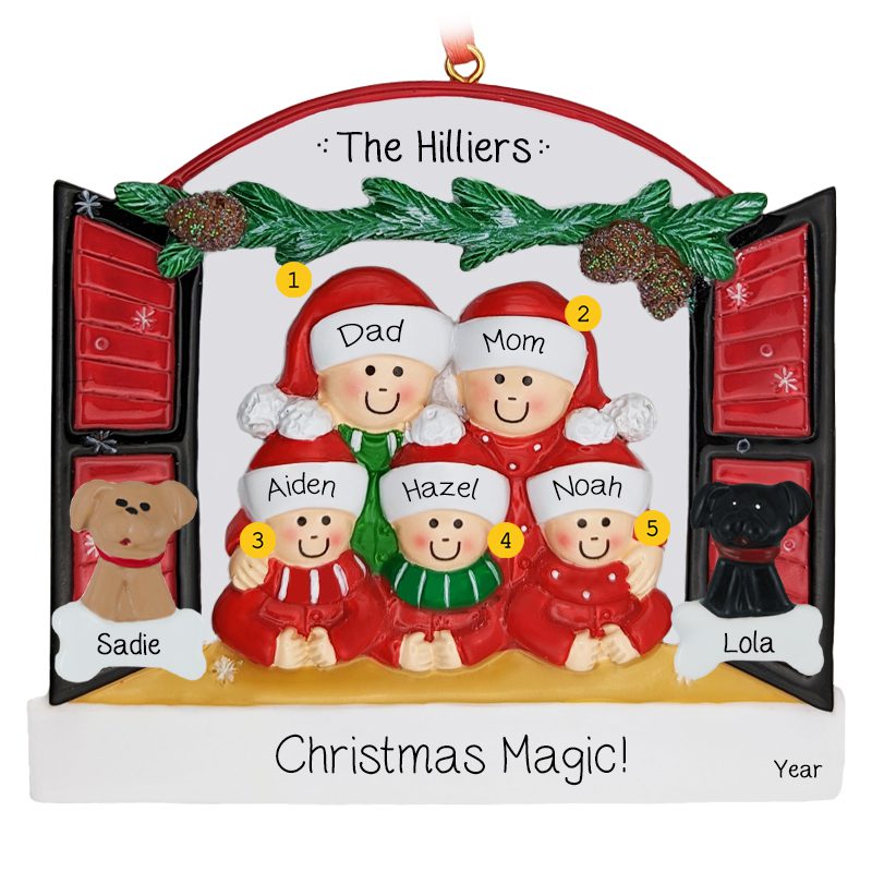 Family Of 5 Peeking Out Of Festive Window With 2 Pets Ornament ...