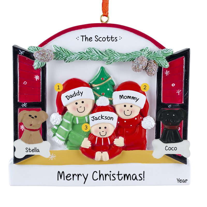 Family Of 3 With 2 Pets Peeking Out Of Festive Window Ornament ...