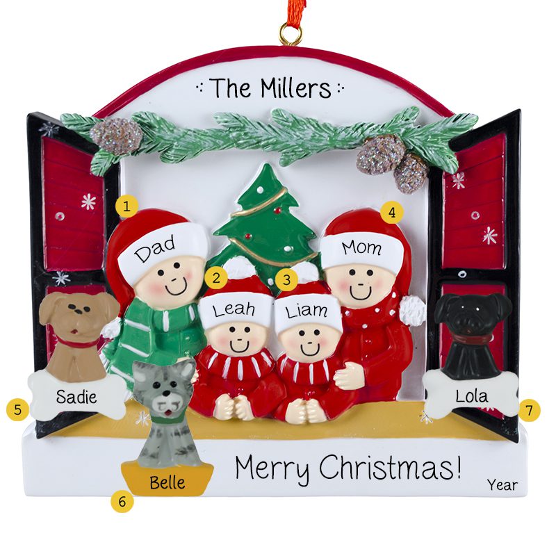 Family Of 4 With 3 Pets Peeking Out Of Festive Window Ornament ...