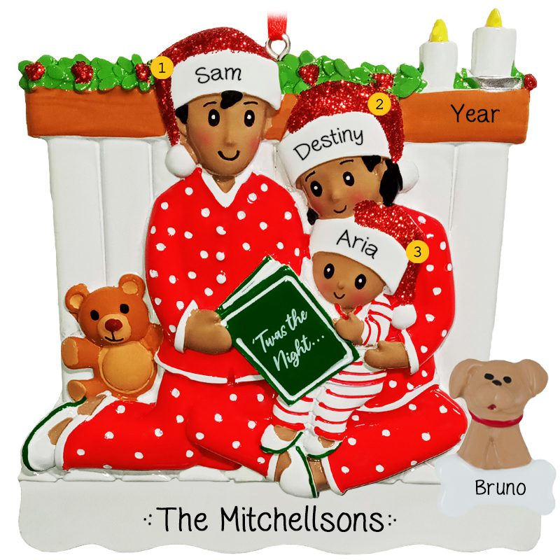 Family Of 3 Reading On Bed With Pet Ornament AFRICAN AMERICAN ...