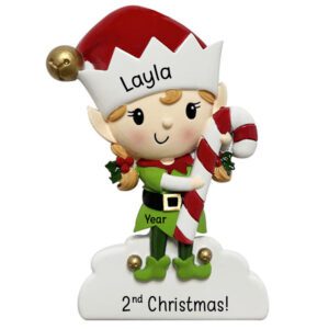 Image of Baby GIRL'S 2nd Christmas Elf Holding CANDY CANE Personalized Ornament
